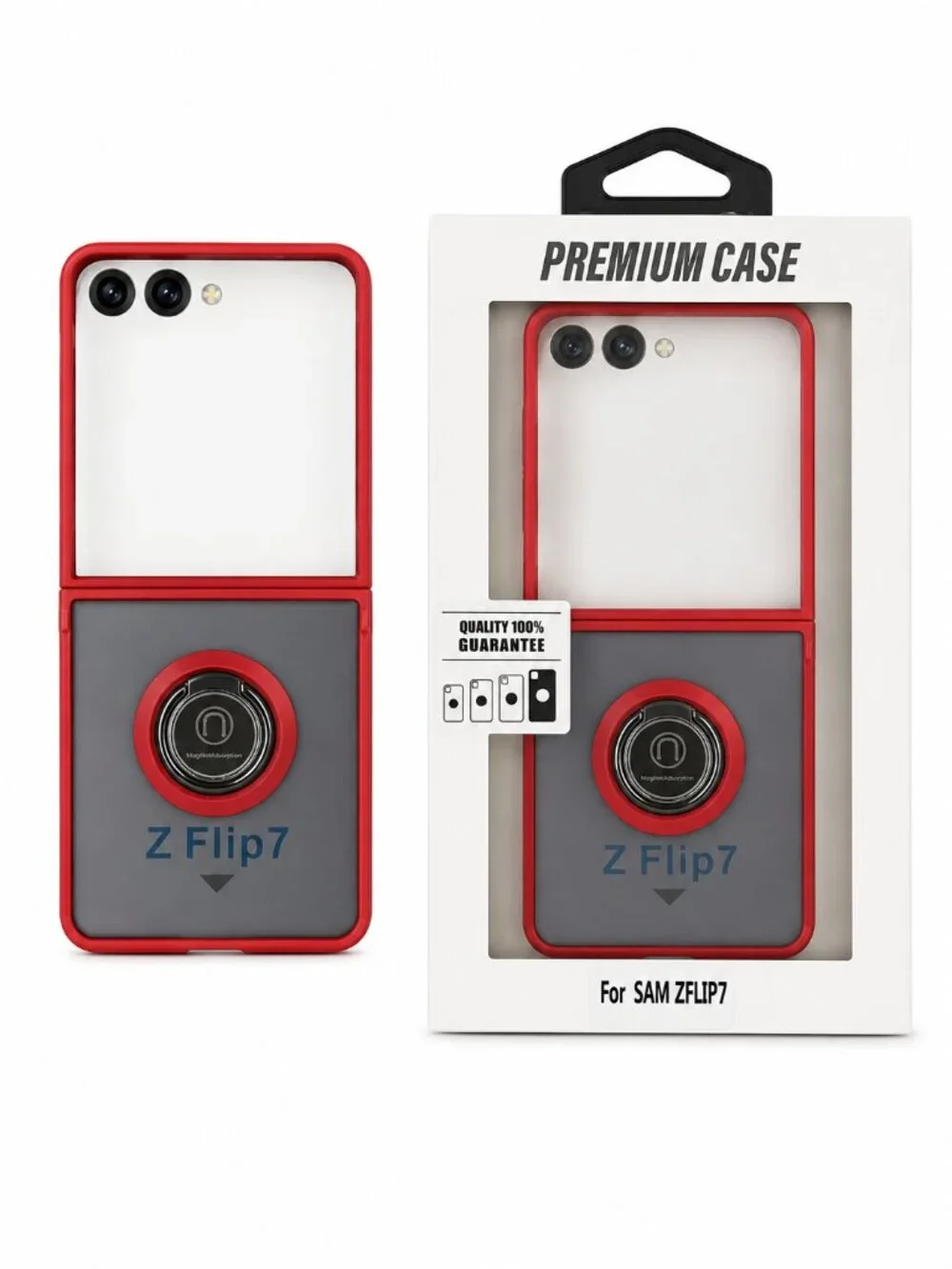 Samsung Galaxy Z Flip 7 Case Clear Red Magnetic Ring Stand Protective Cover